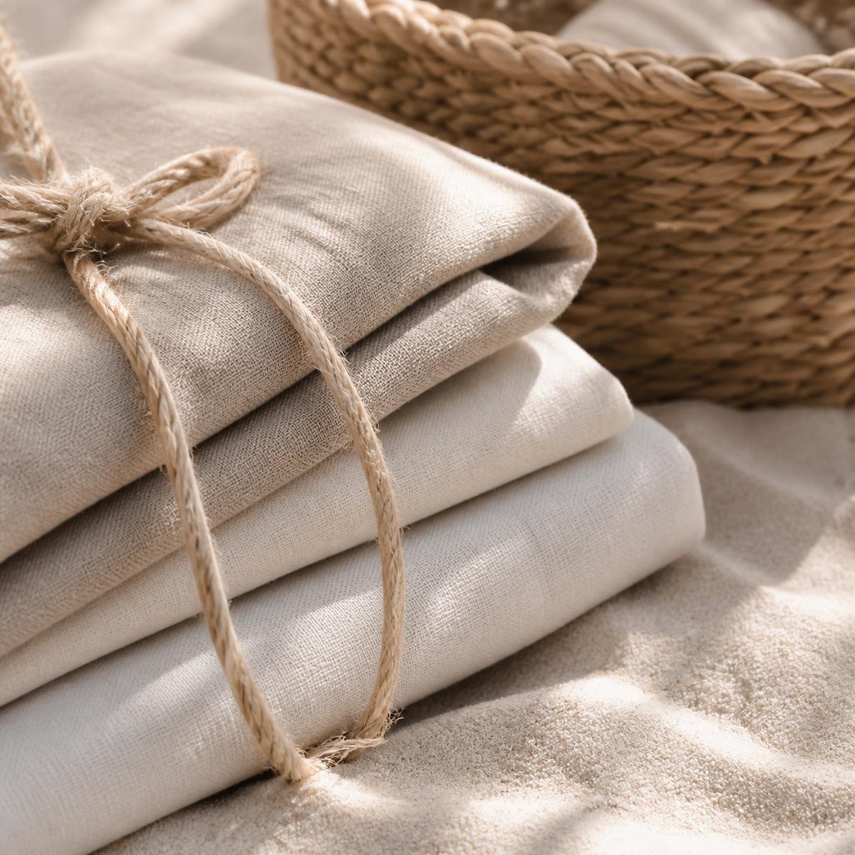 Folded linen textiles tied with rope beside a wicker basket