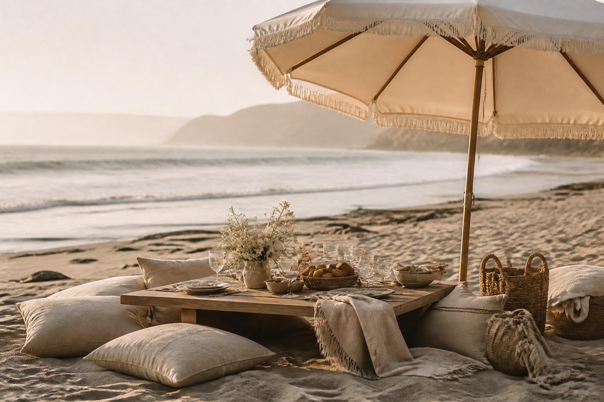 A styled beach setting with a canvas umbrella, linen cushions and a low wooden table on pale sand at golden hour